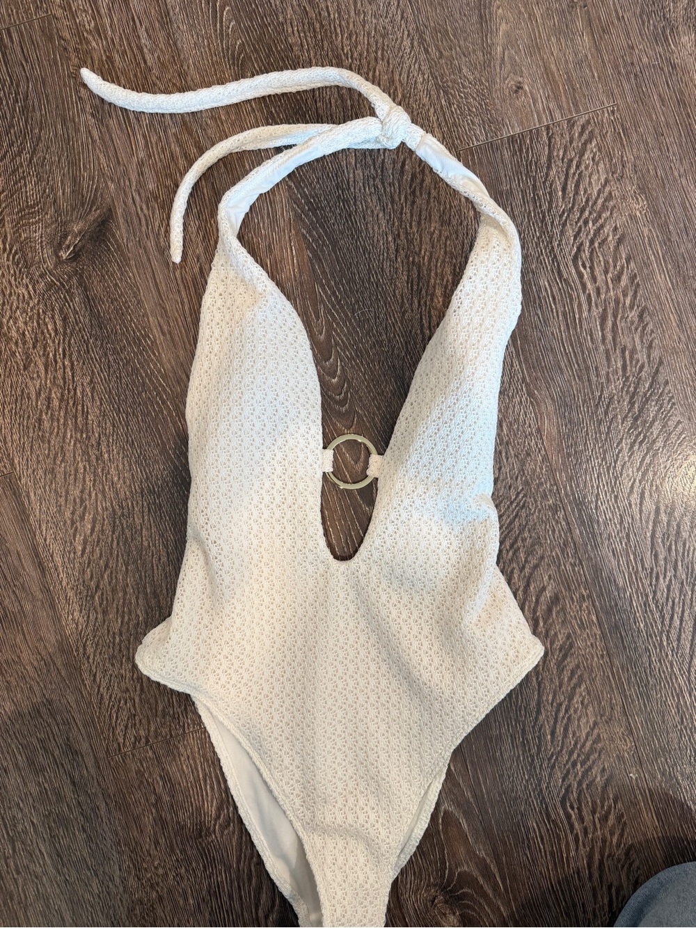 Abercrombie & Fitch Cream Textured Halter One-Piece with Ring